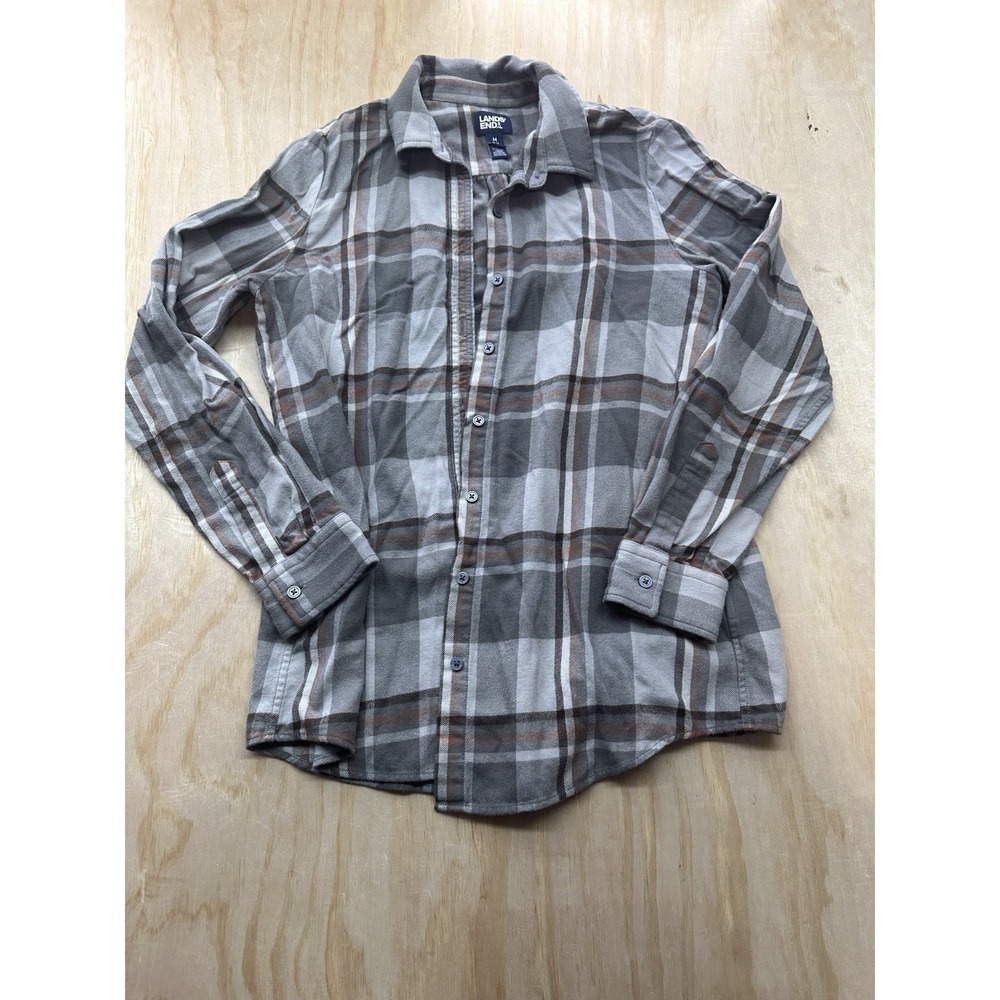Lands' End M (10-12)‎ Flannel Grey Button Up Women's Super Soft Long Sleeve Warm